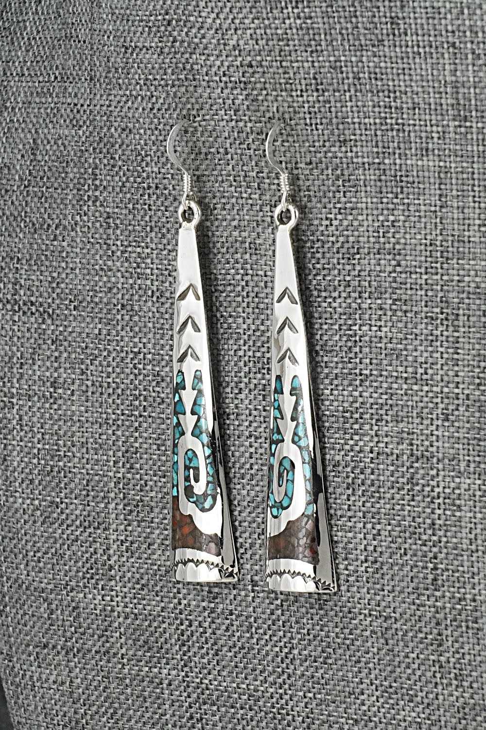 Turquoise, Coral Chip & Sterling Silver Earrings - Joleen Yazzie