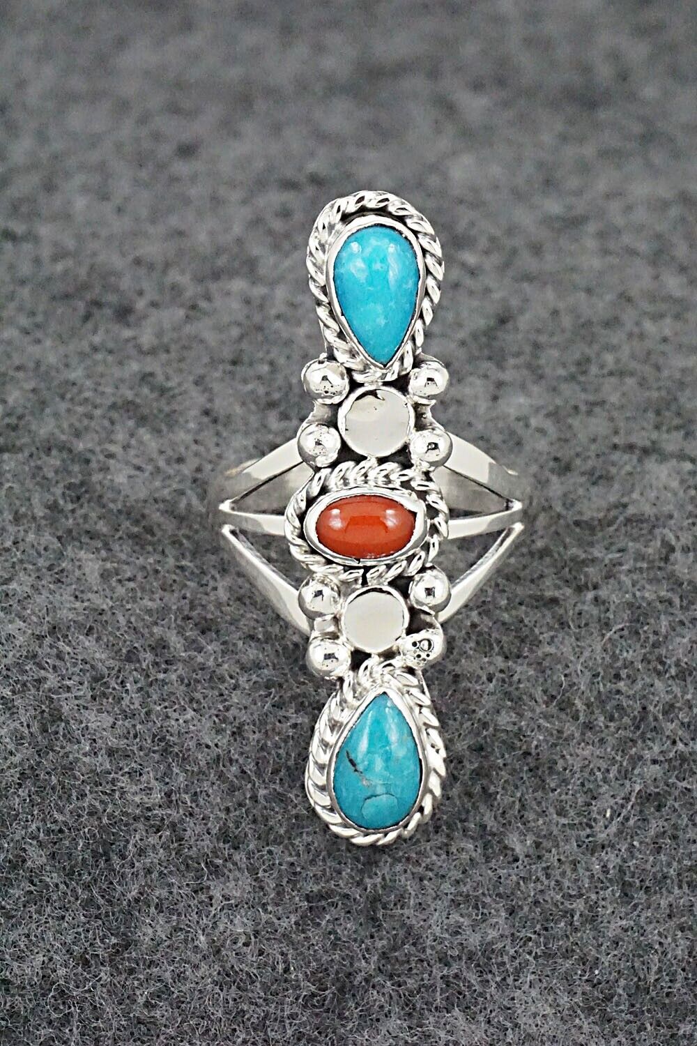 Turquoise, Coral & Sterling Silver Ring - Andrew Vandever - Size 7