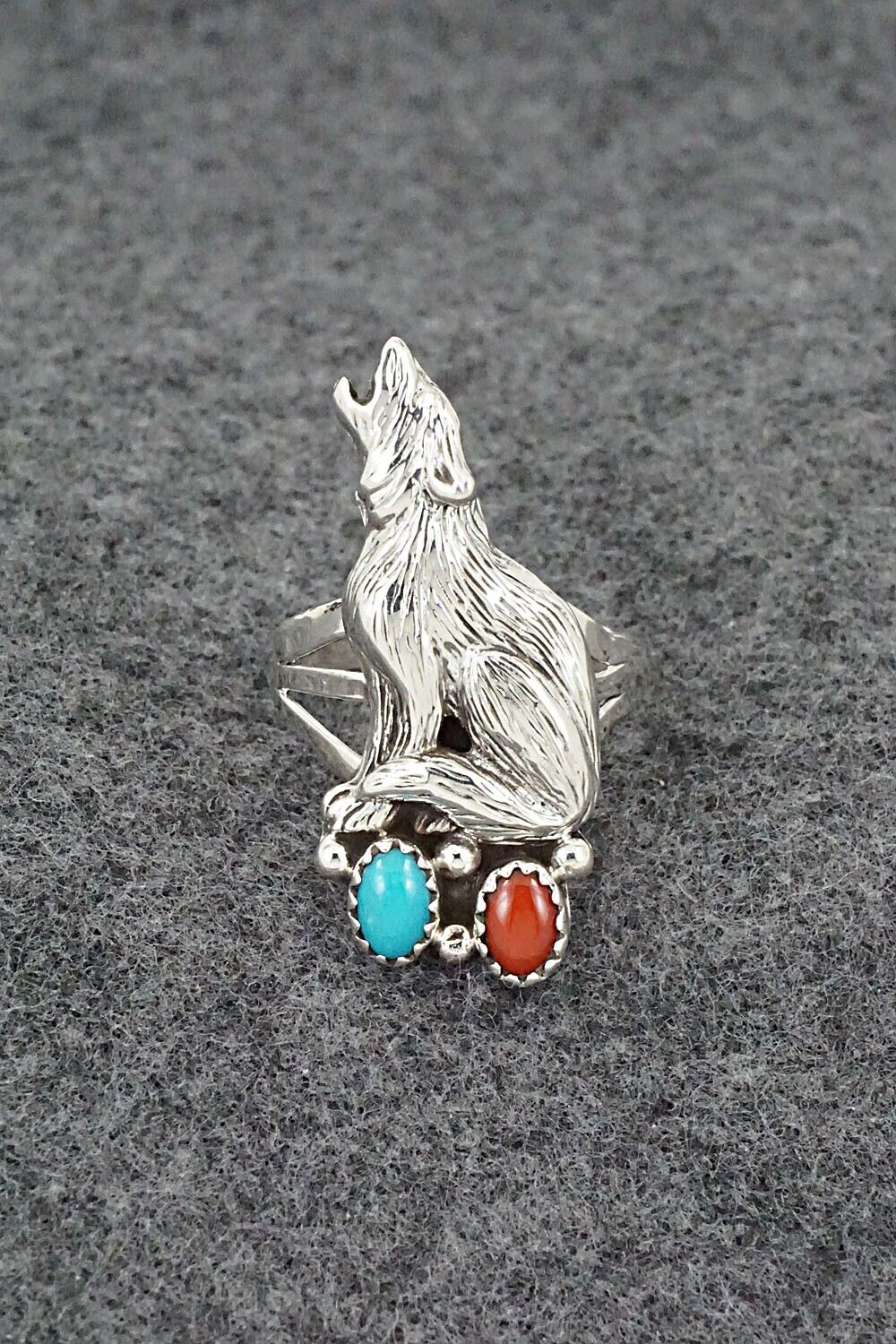 Turquoise, Coral & Sterling Silver Ring - Jerryson Henio - Size 8.5