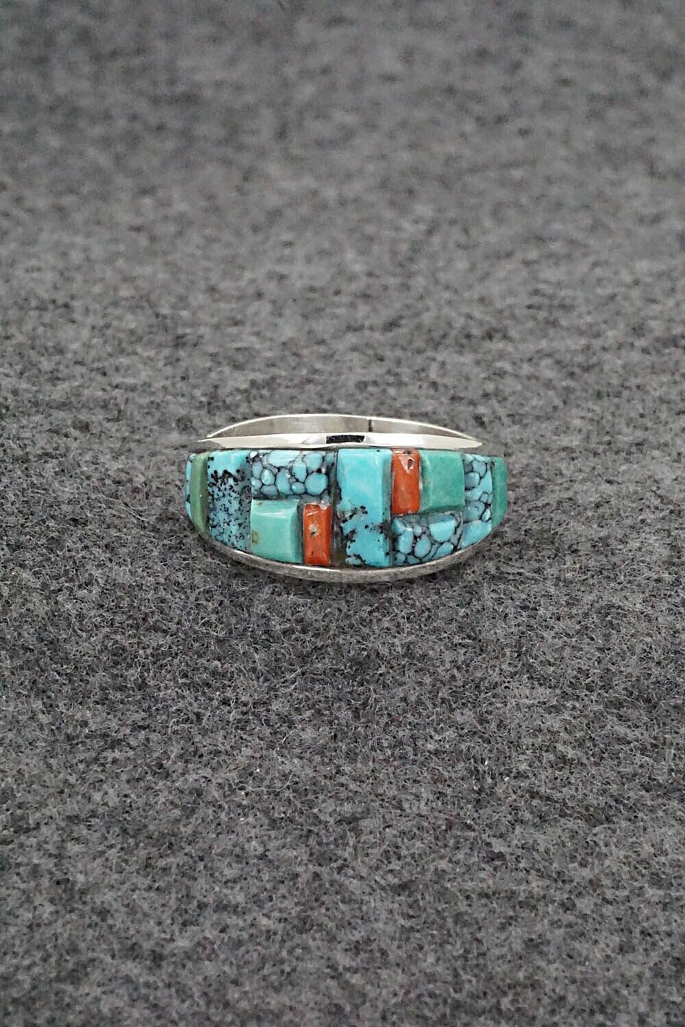Turquoise, Coral & Sterling Silver Ring - Edison Yazzie - Size 10.5