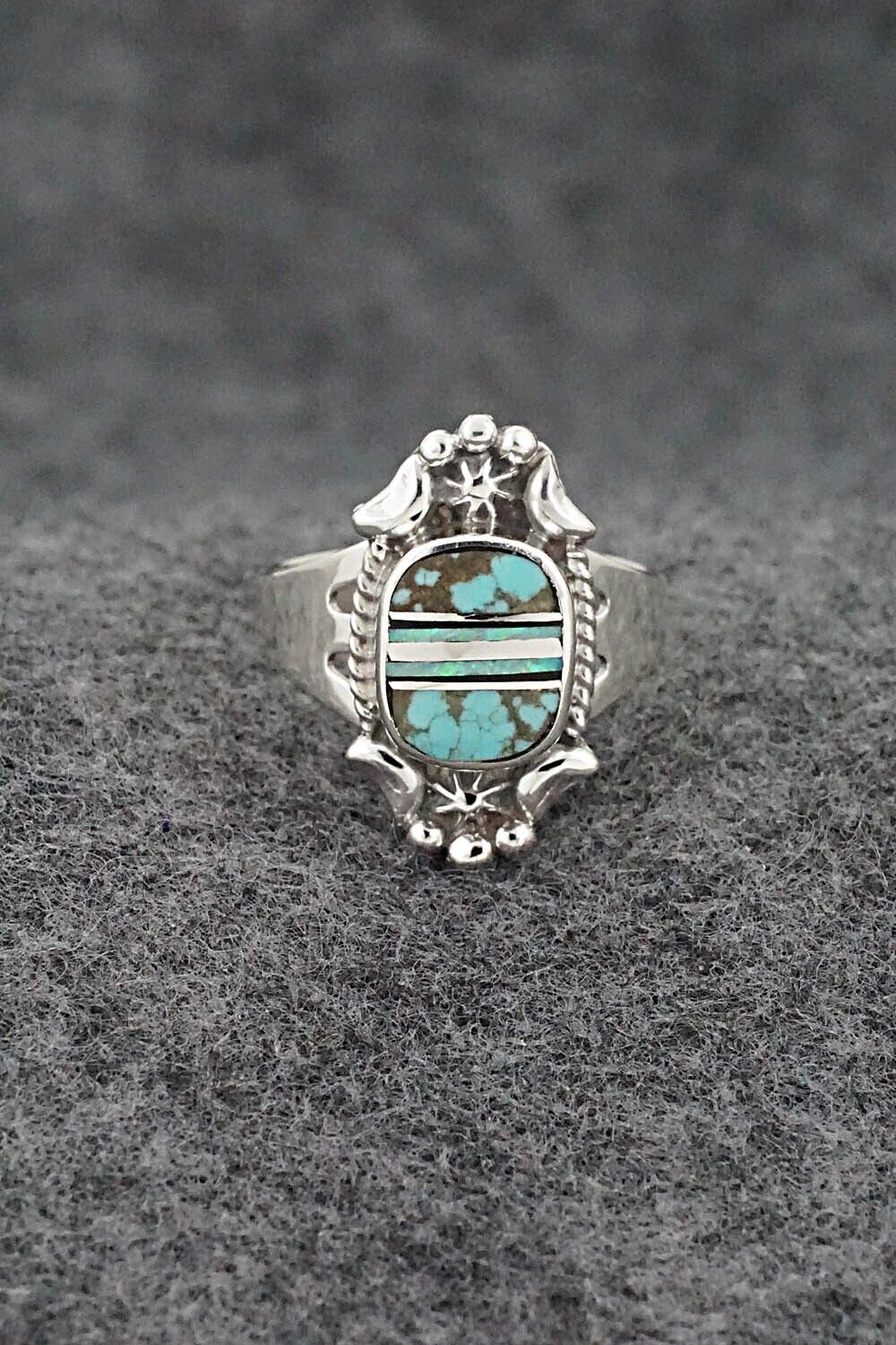 Turquoise, Opalite & Sterling Silver Inlay Ring - James Manygoats - Size 7.5