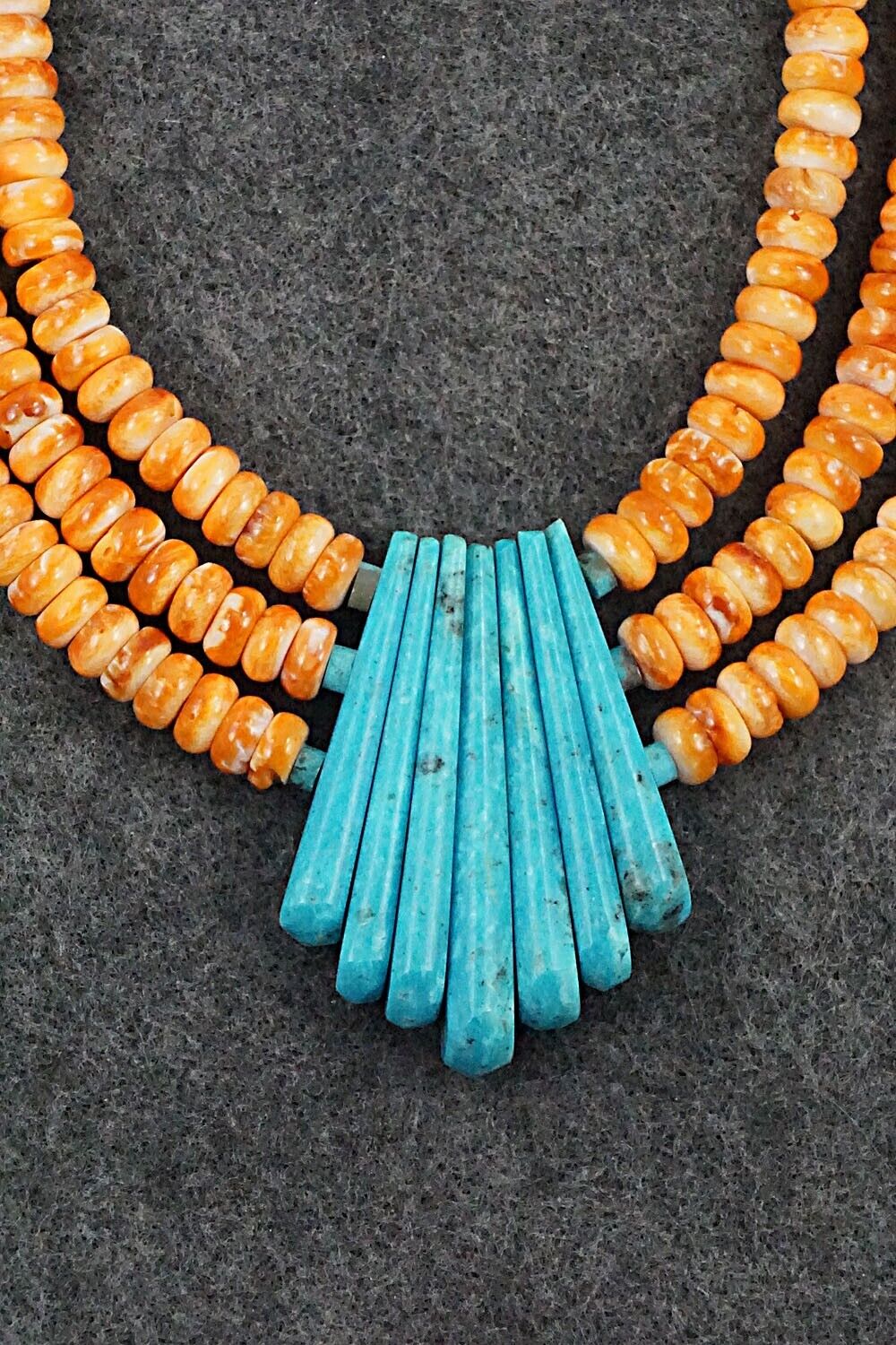Turquoise, Spiny Oyster and Sterling Silver Necklace - Lupe Lovato