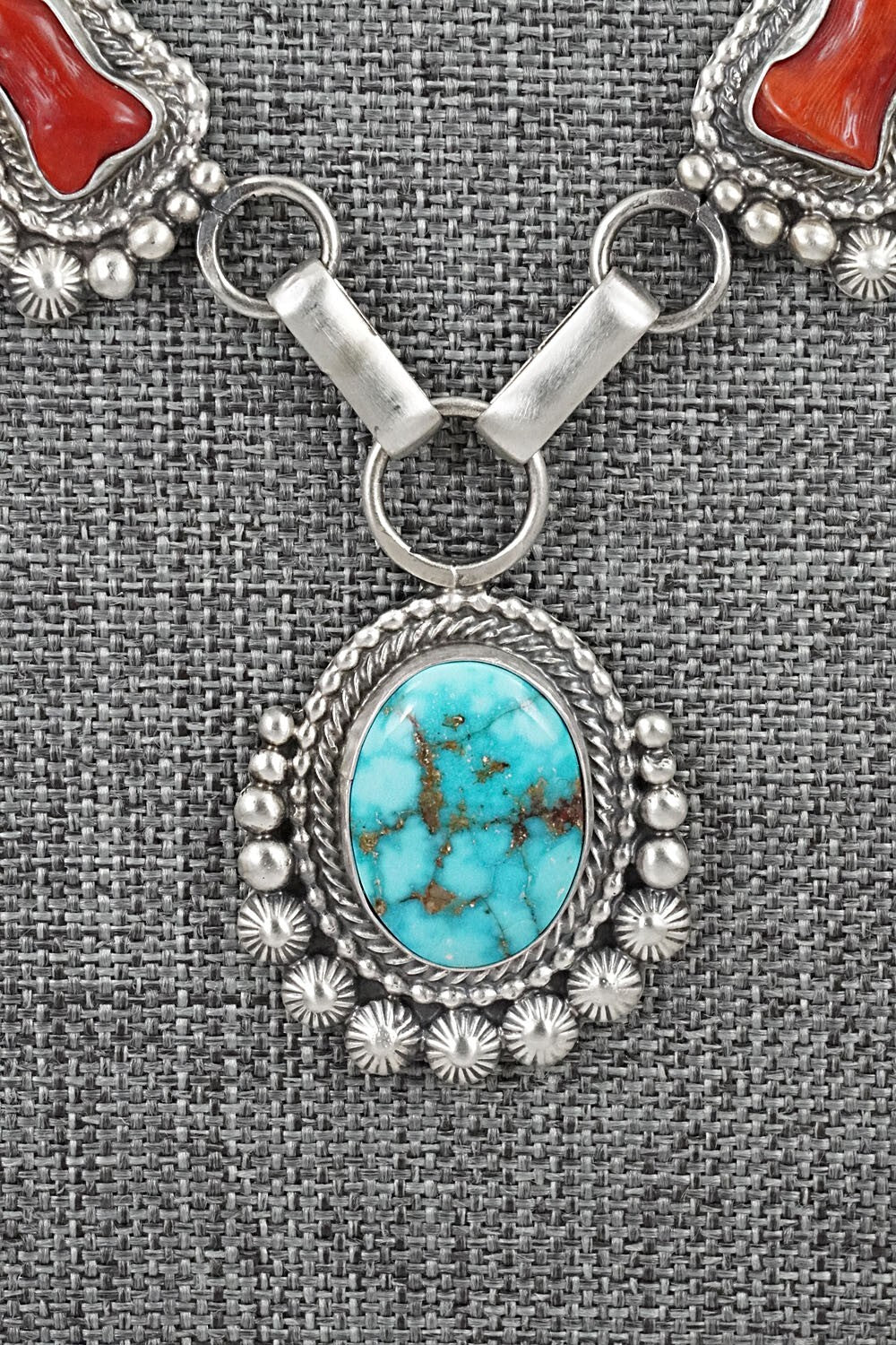 Turquoise, Coral & Sterling Silver Necklace and Earrings Set - Tom Lewis
