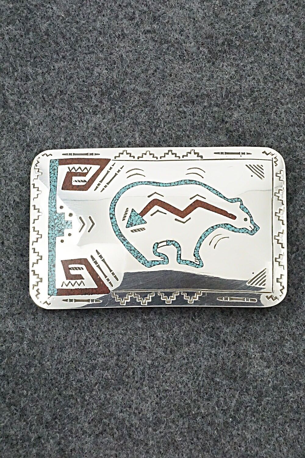 Turquoise, Coral Chip Inlay & Sterling Silver Belt Buckle - Raymond Begay