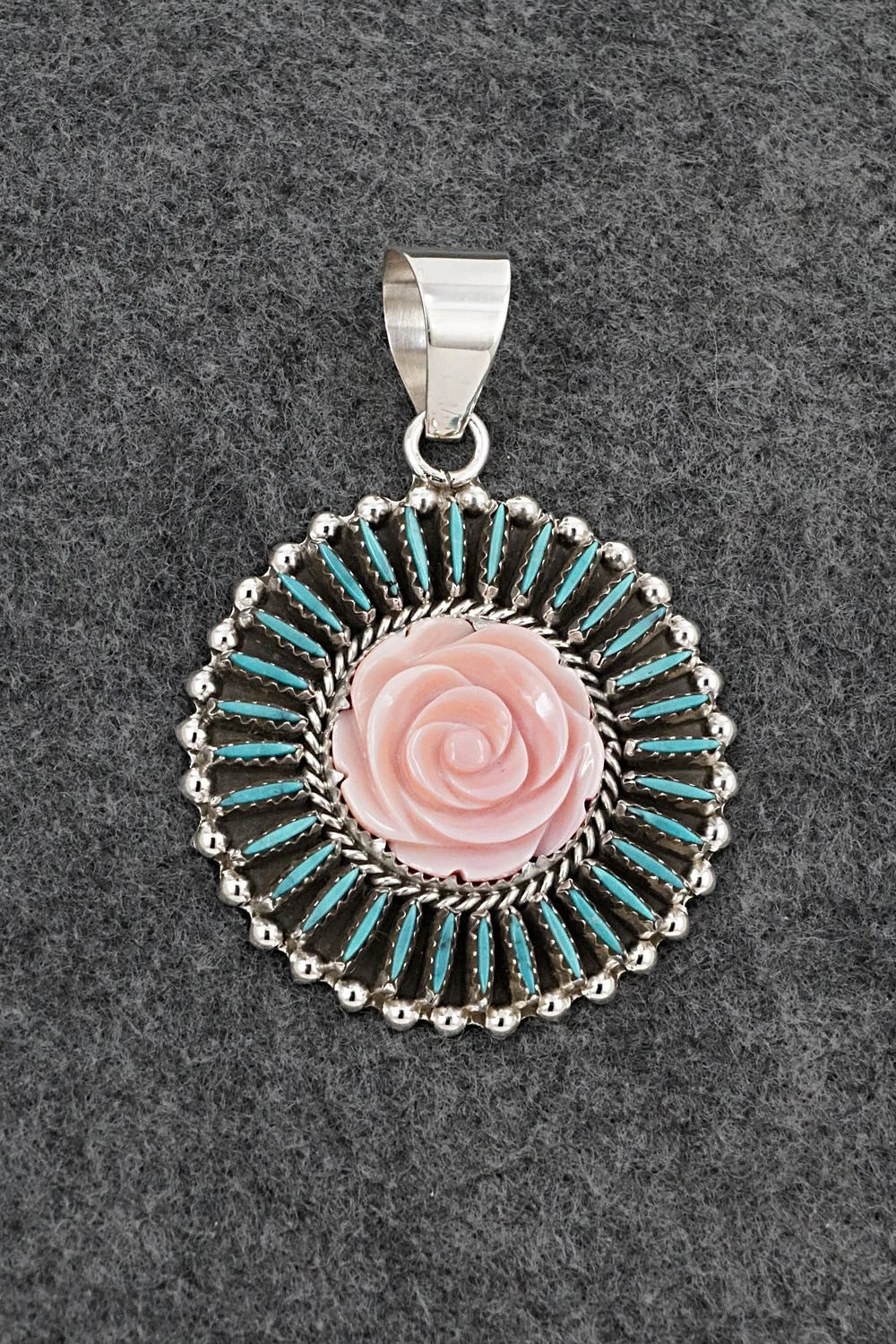 Turquoise, Pink Conch & Sterling Silver Pendant - Roland Francisco