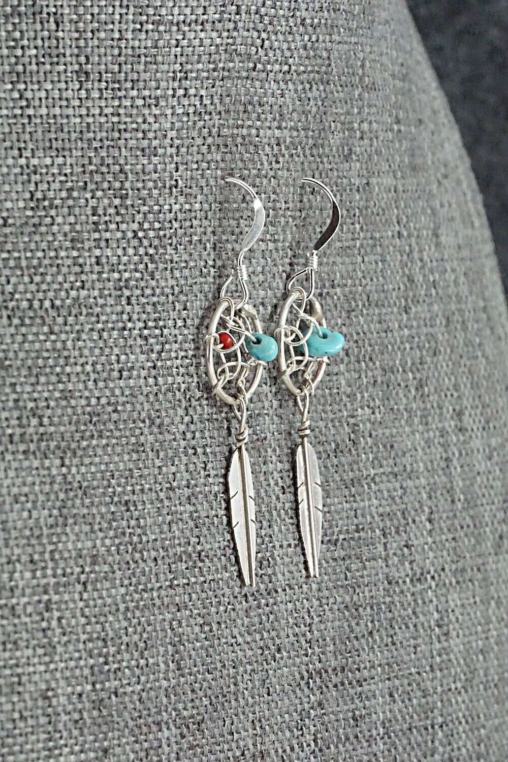 Turquoise, Coral & Sterling Silver Earrings - Lorenzo Arviso Jr.