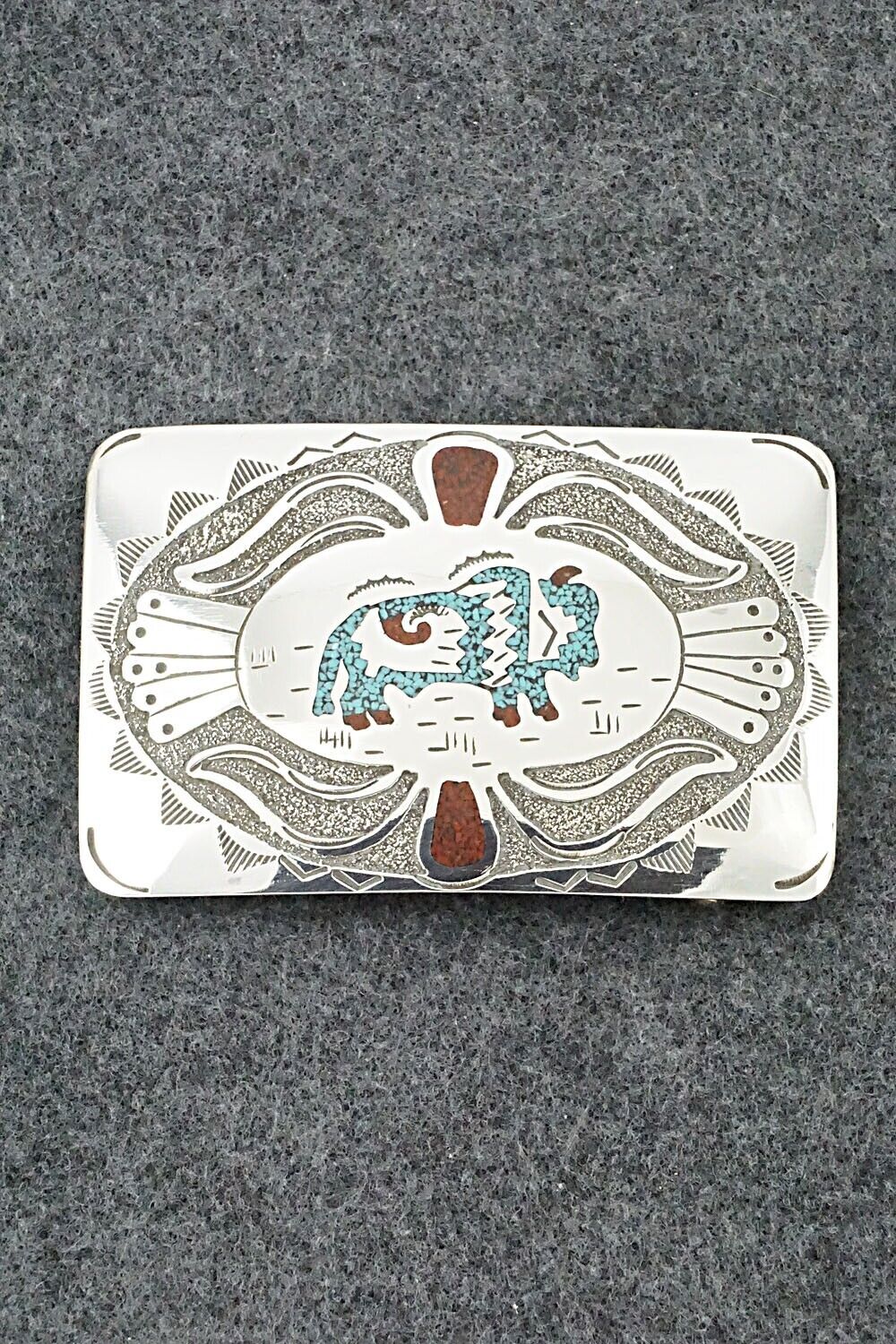 Turquoise, Coral Chip Inlay & Sterling Silver Belt Buckle - Raymond Begay