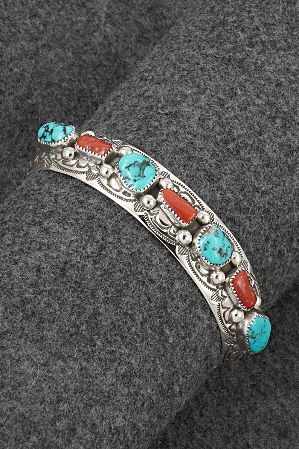 Turquoise, Coral & Sterling Silver Bracelet - Grace Silver