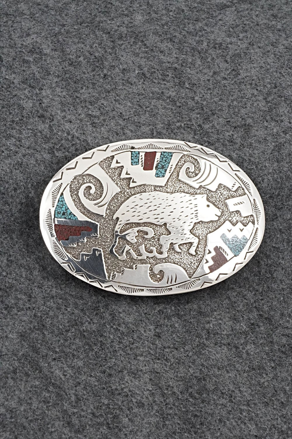 Turquoise, Coral Chip Inlay & Sterling Silver Belt Buckle - Raymond Begay