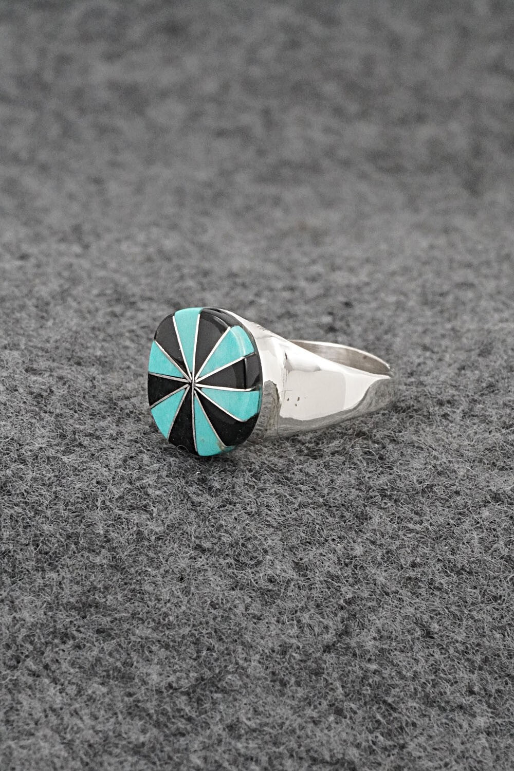 Turquoise, Onyx & Sterling Silver Inlay Ring - Johnson Laweka - Size 5.5