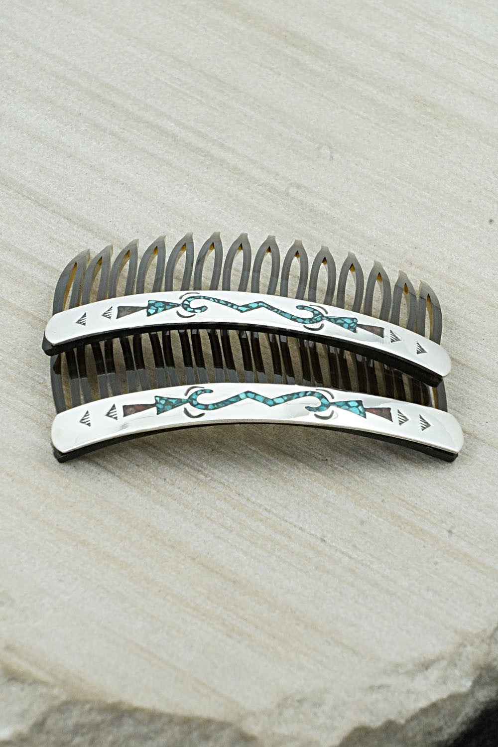 Turquoise, Coral Chip Inlay & Sterling Silver Hair Combs - Joleen Yazzie