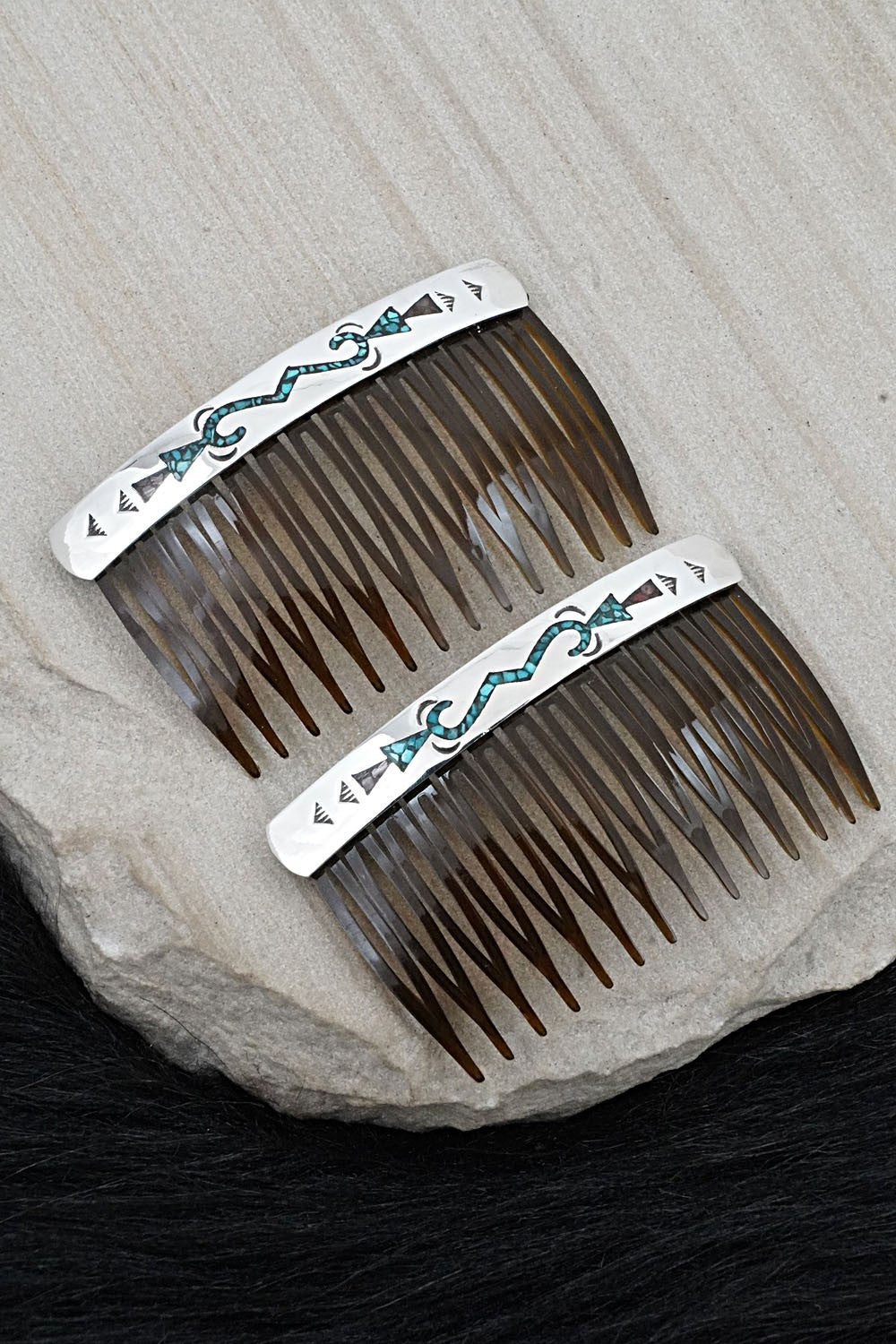 Turquoise, Coral Chip Inlay & Sterling Silver Hair Combs - Joleen Yazzie