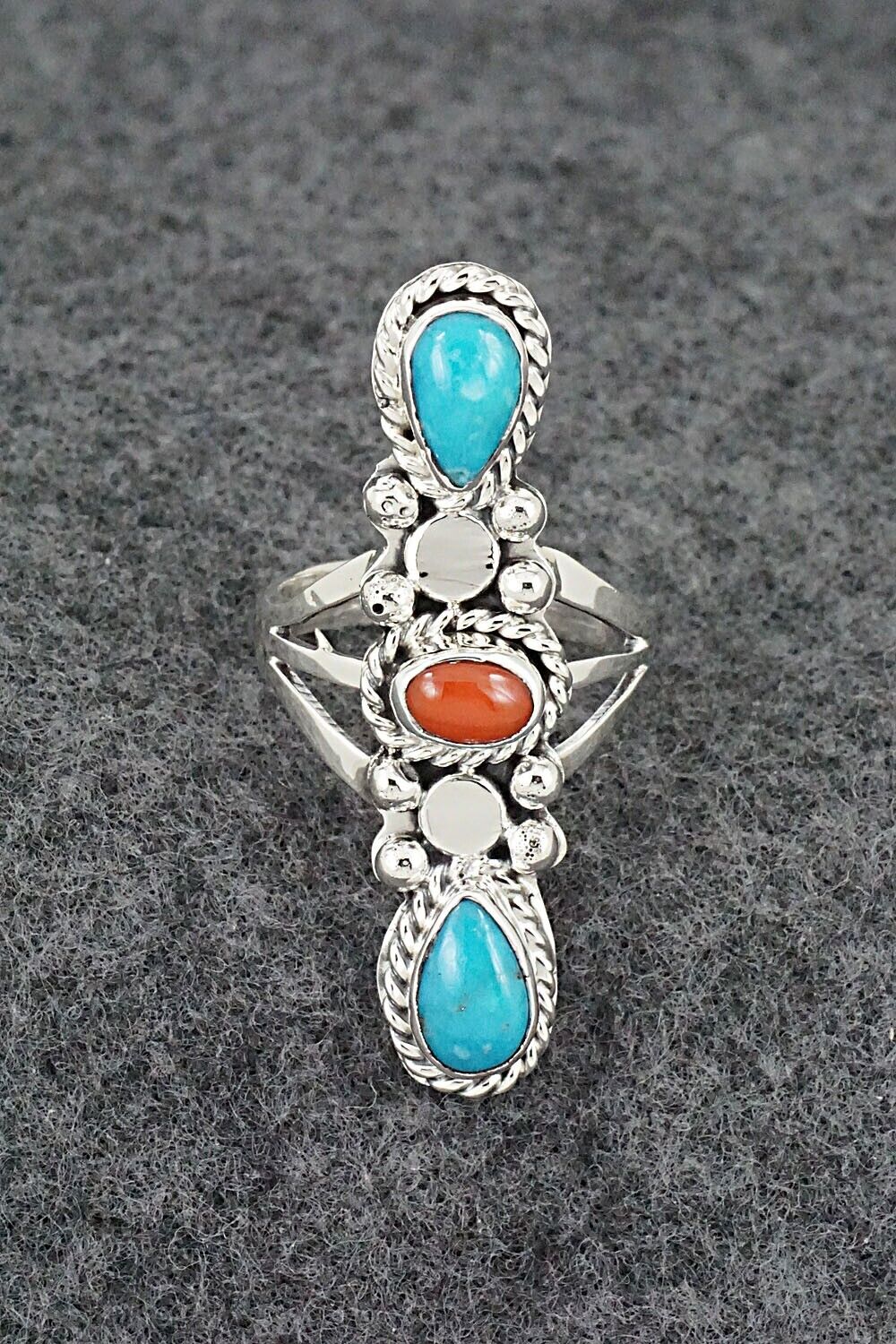 Turquoise, Coral & Sterling Silver Ring - Andrew Vandever - Size 6