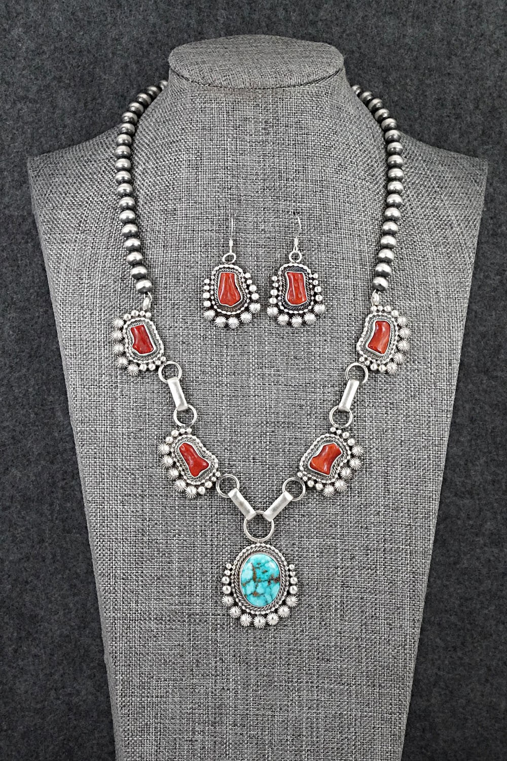 Turquoise, Coral & Sterling Silver Necklace and Earrings Set - Tom Lewis