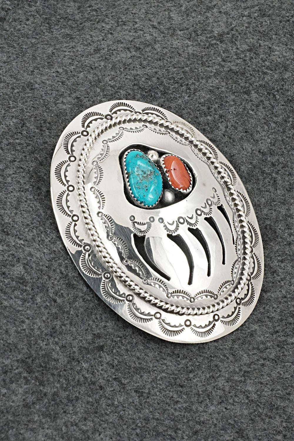 Turquoise, Coral & Sterling Silver Belt Buckle - Wilbert Muskett Sr.