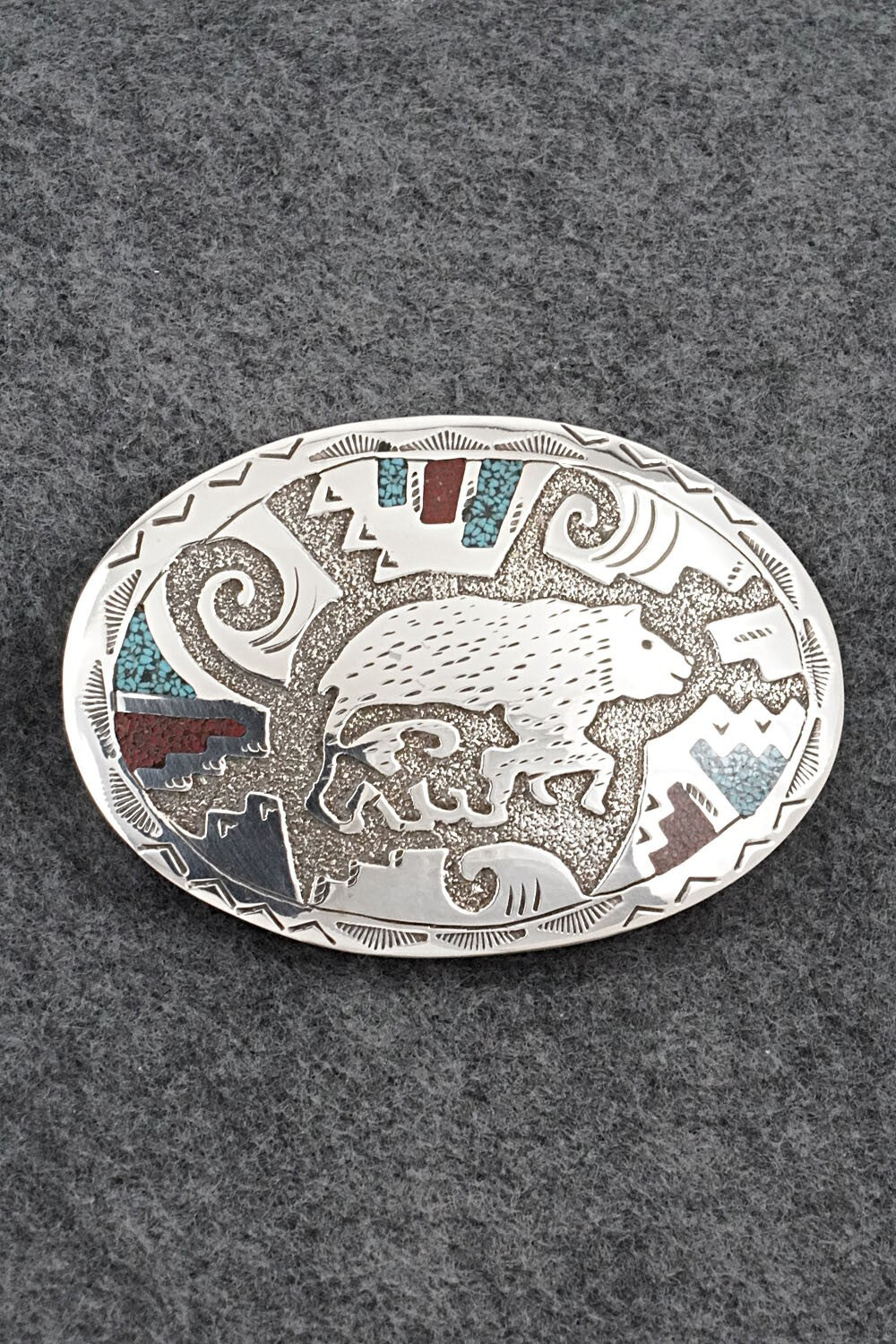 Turquoise, Coral Chip Inlay & Sterling Silver Belt Buckle - Raymond Begay