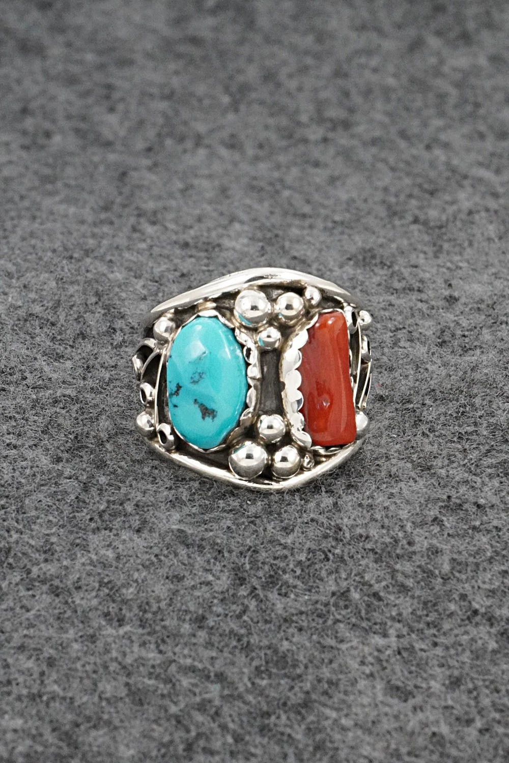 Turquoise, Coral & Sterling Silver Ring - Darrell Morgan - Size 10.5