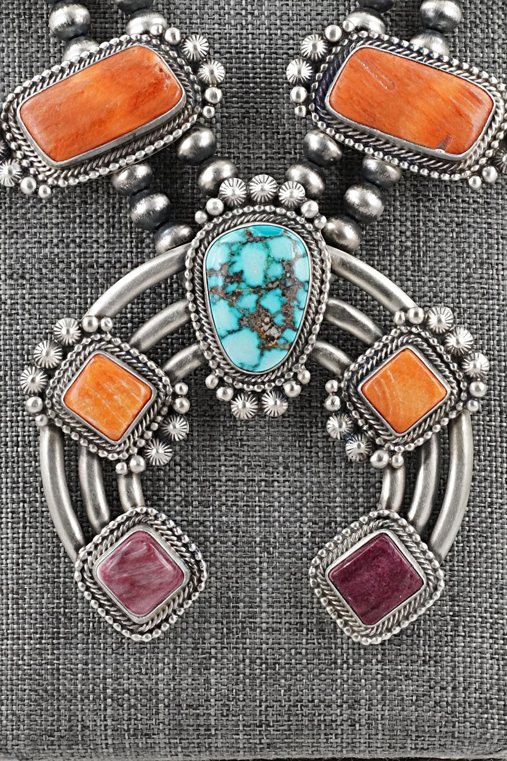 Turquoise, Spiny Oyster & Sterling Silver Squash Blossom Necklace - Tom Lewis