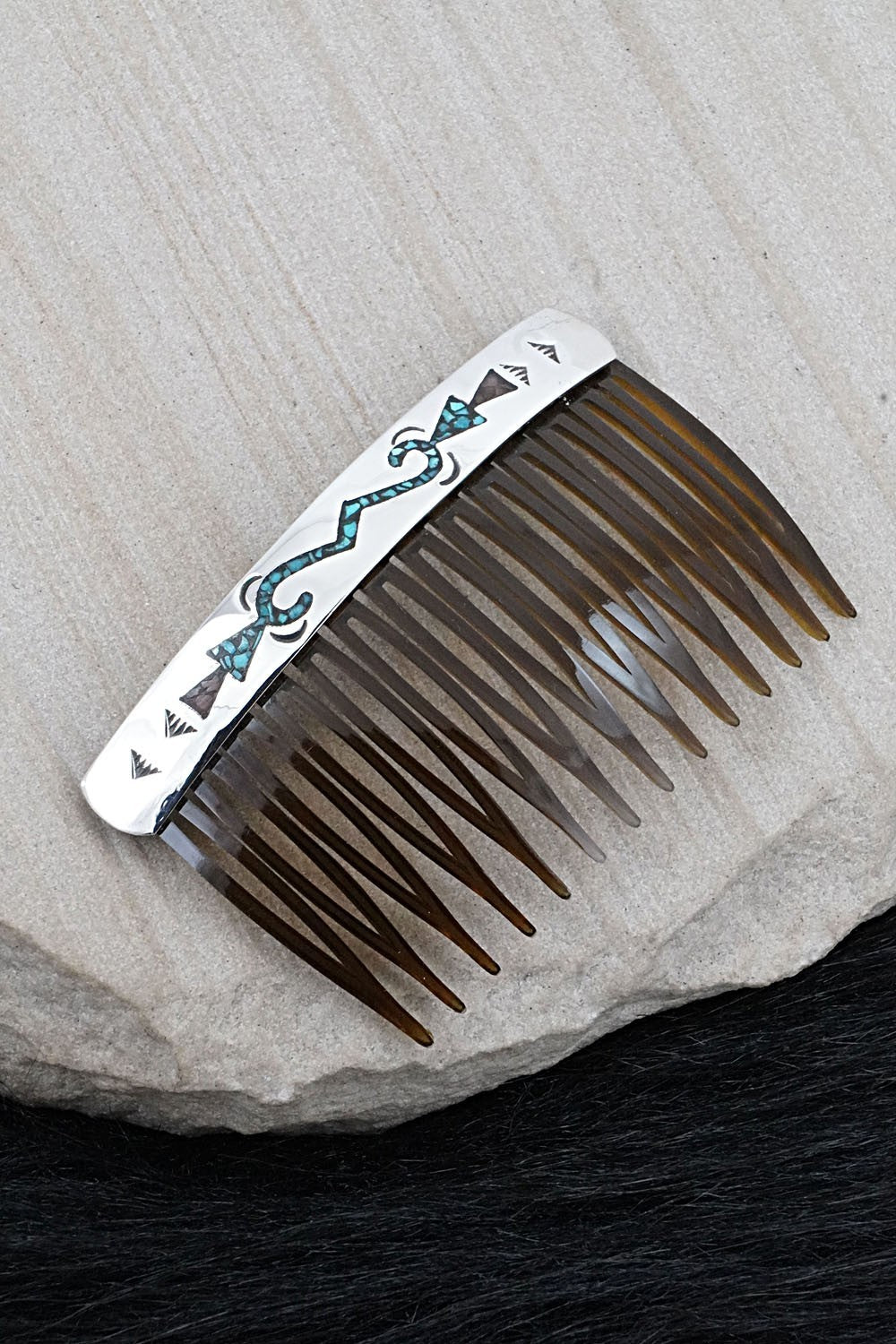 Turquoise, Coral Chip Inlay & Sterling Silver Hair Combs - Joleen Yazzie