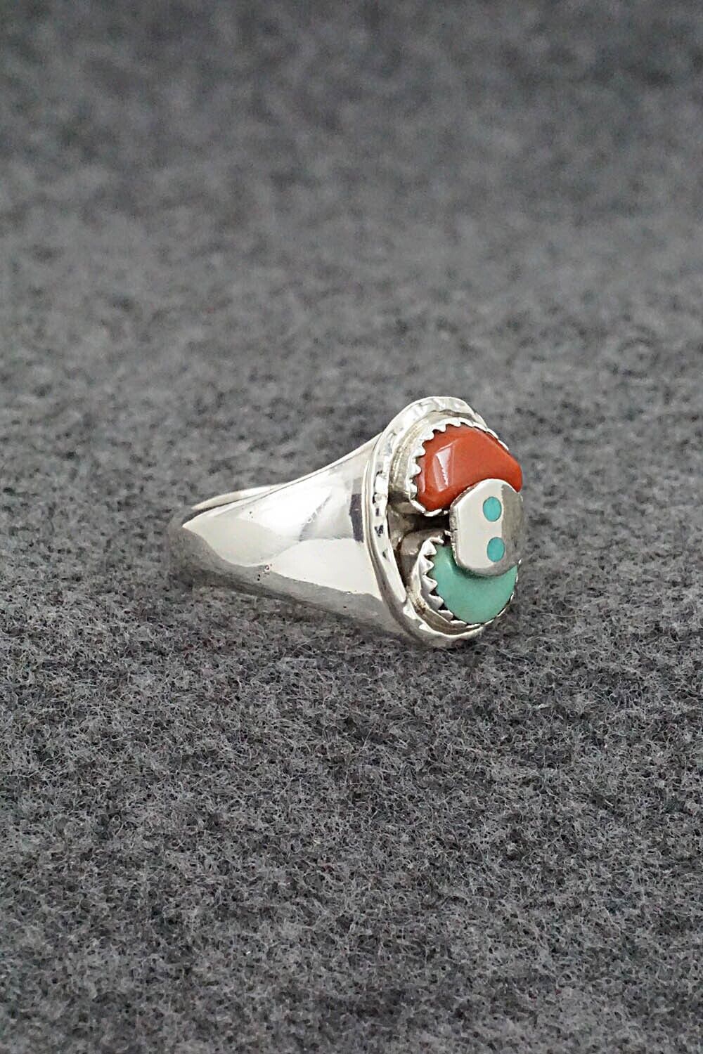Turquoise, Coral & Sterling Silver Ring - Joy Calavaza - Size 8.5