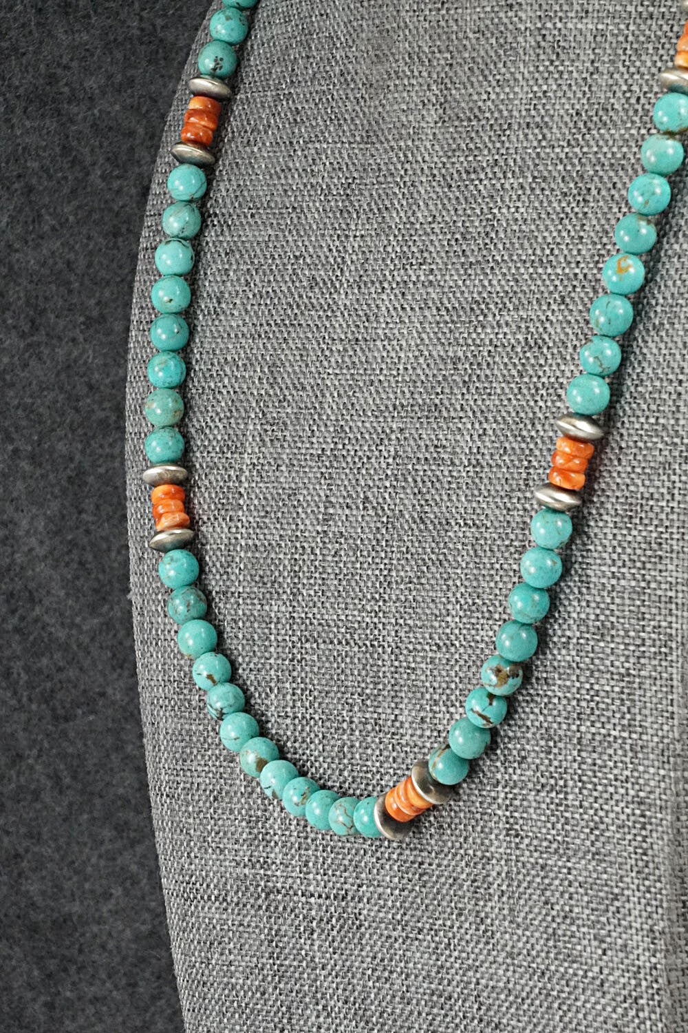 Turquoise, Spiny Oyster & Sterling Silver Necklace 20" - Doreen Jake