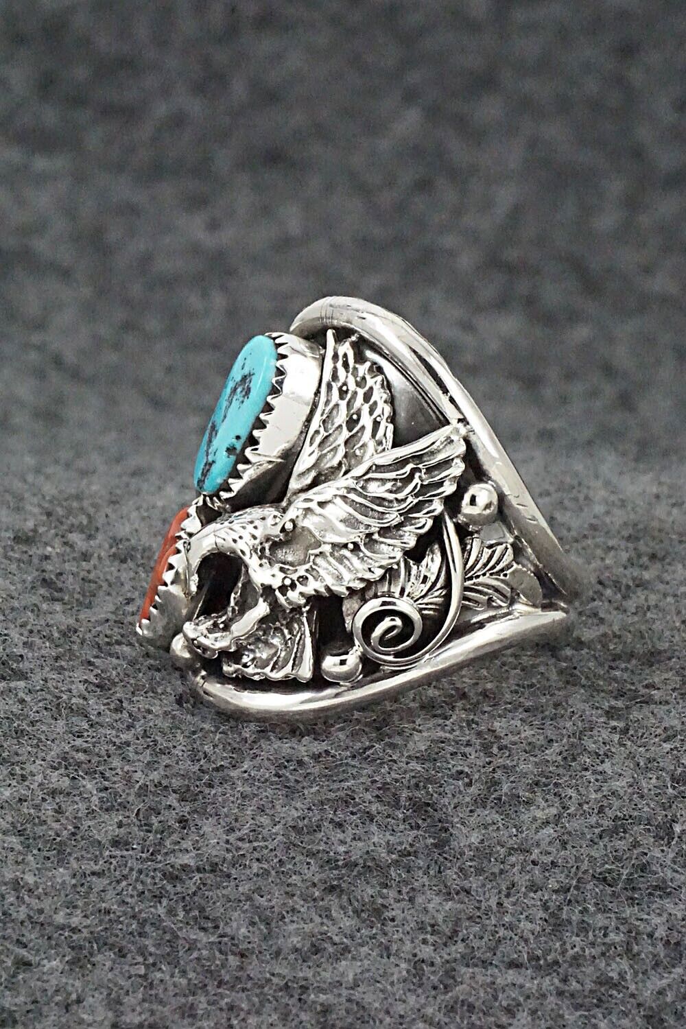 Turquoise, Coral & Sterling Silver Ring - Jeannette Saunders - Size 11.75