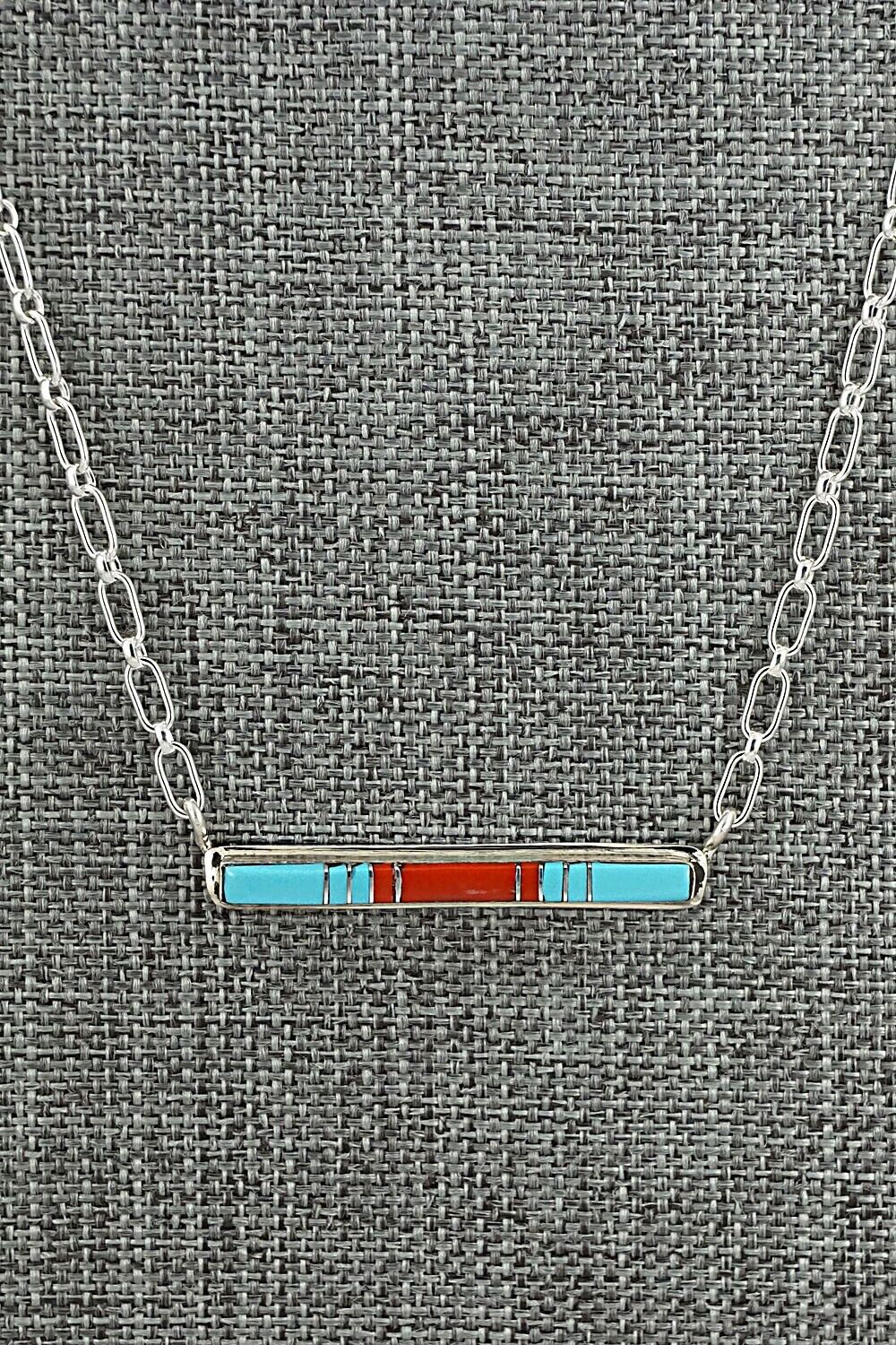 Turquoise, Coral & Sterling Silver Inlay Necklace - Roland Natachu