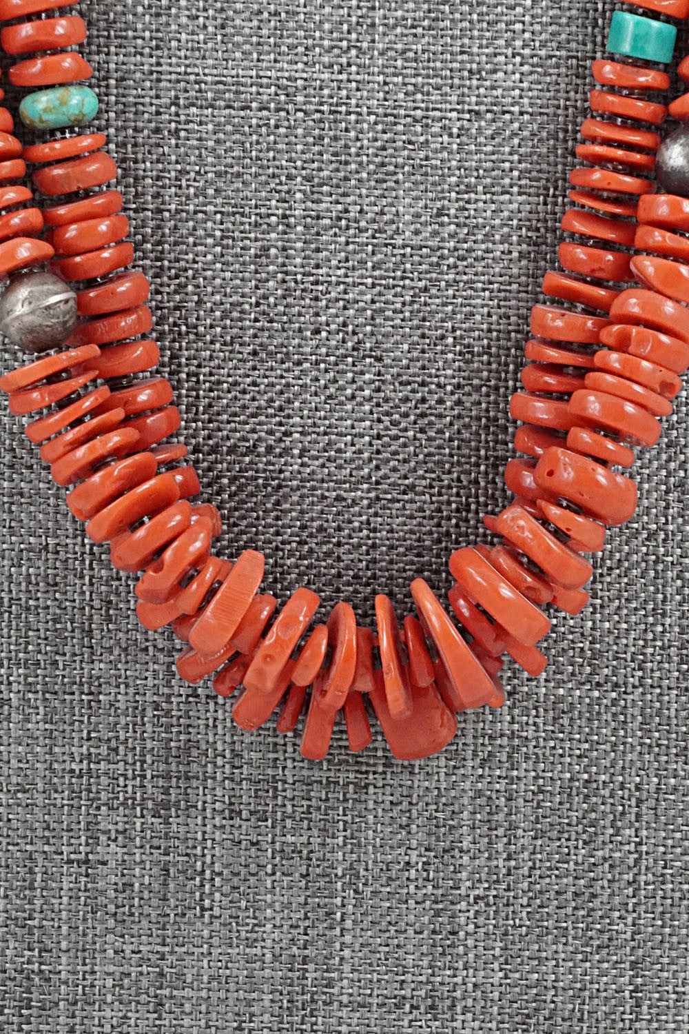 Coral, Turquoise & Sterling Silver Necklace 36" - Helen Tsosie