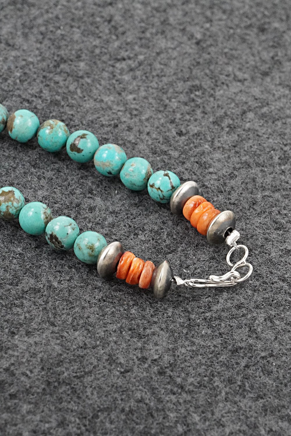Turquoise, Spiny Oyster & Sterling Silver Necklace 20" - Doreen Jake