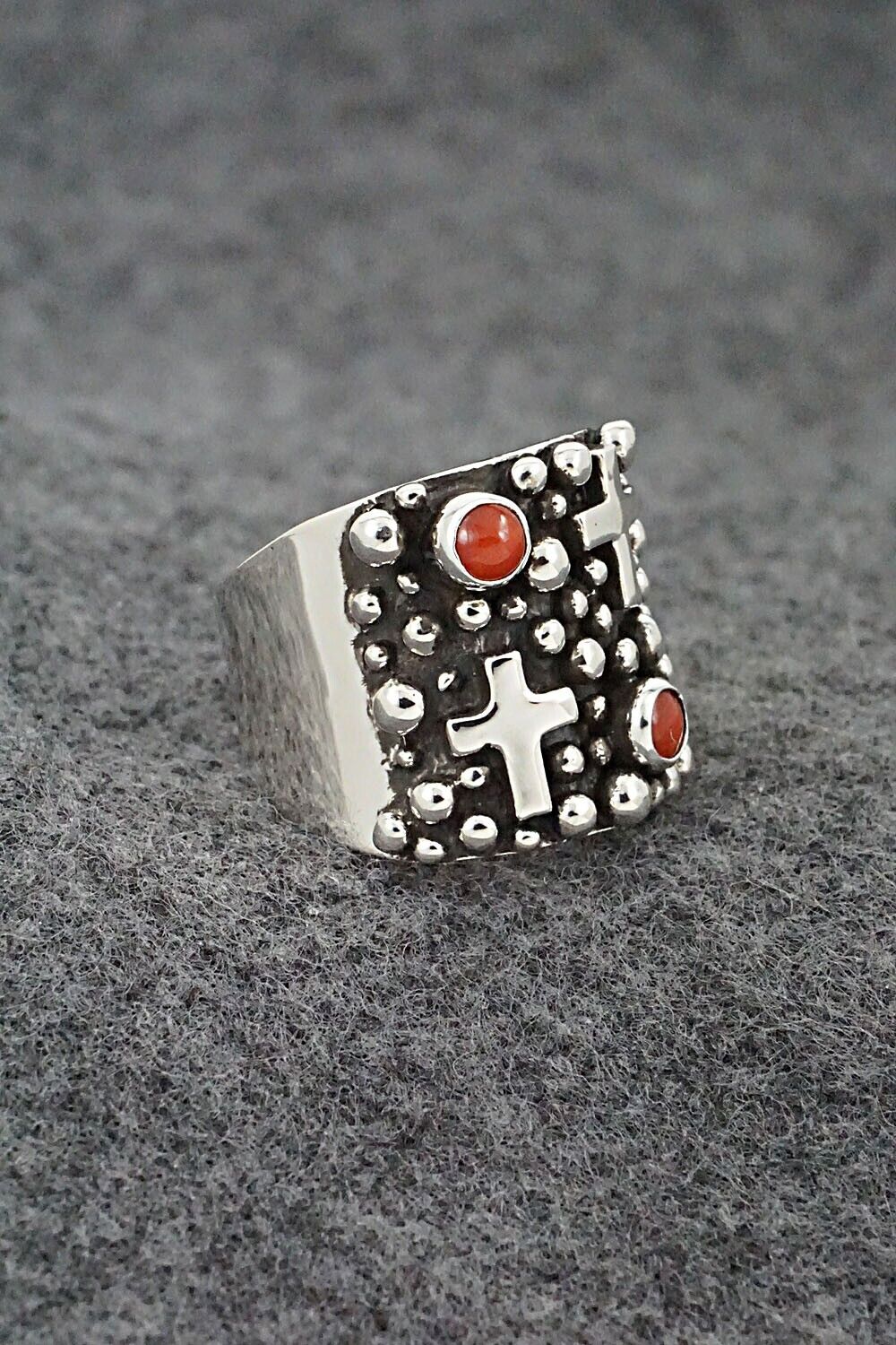Coral and Sterling Silver Ring - Raymond Coriz - Size 7.5