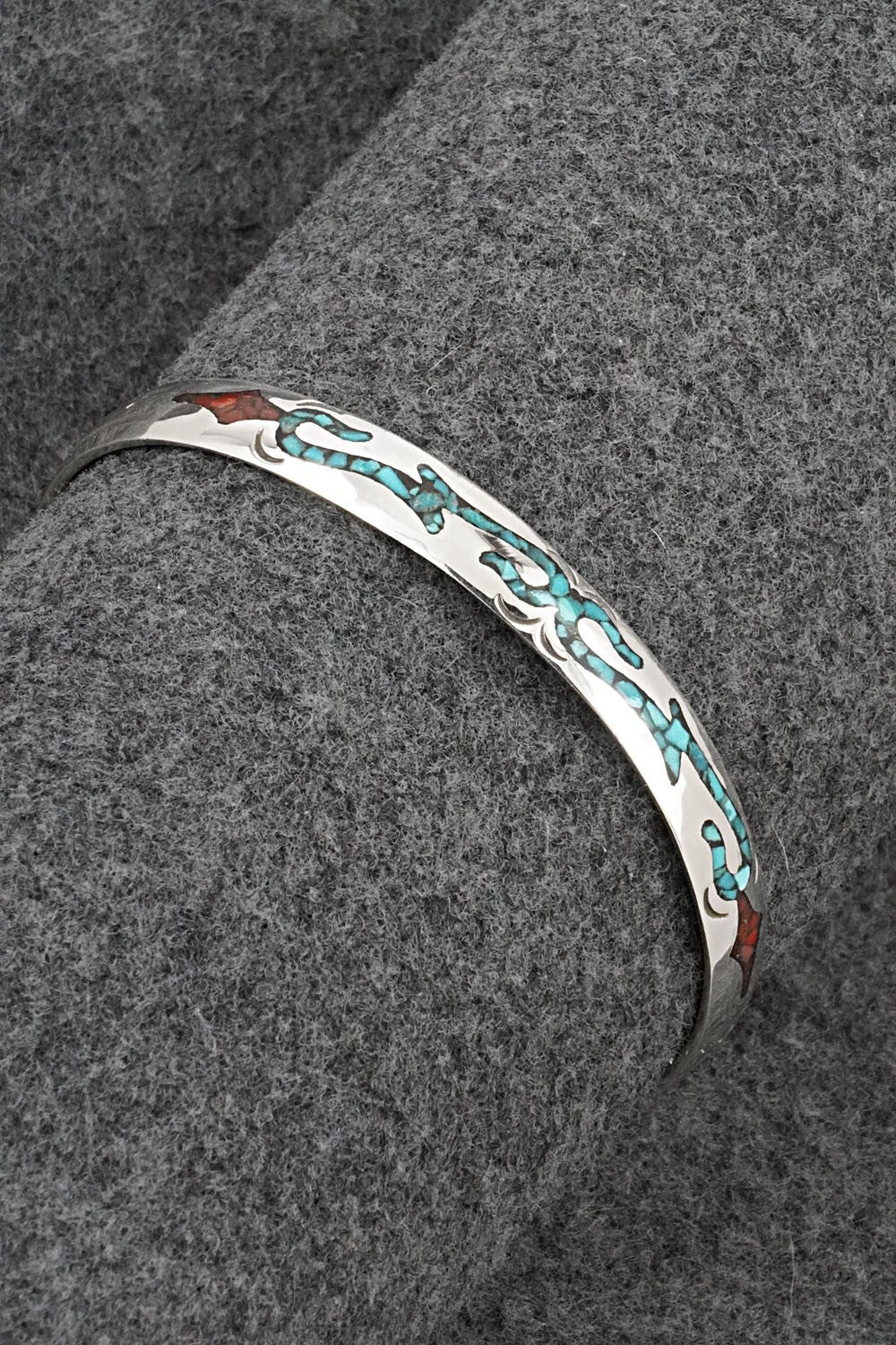 Turquoise, Coral Chip Inlay & Sterling Silver Bracelet - Joleen Yazzie