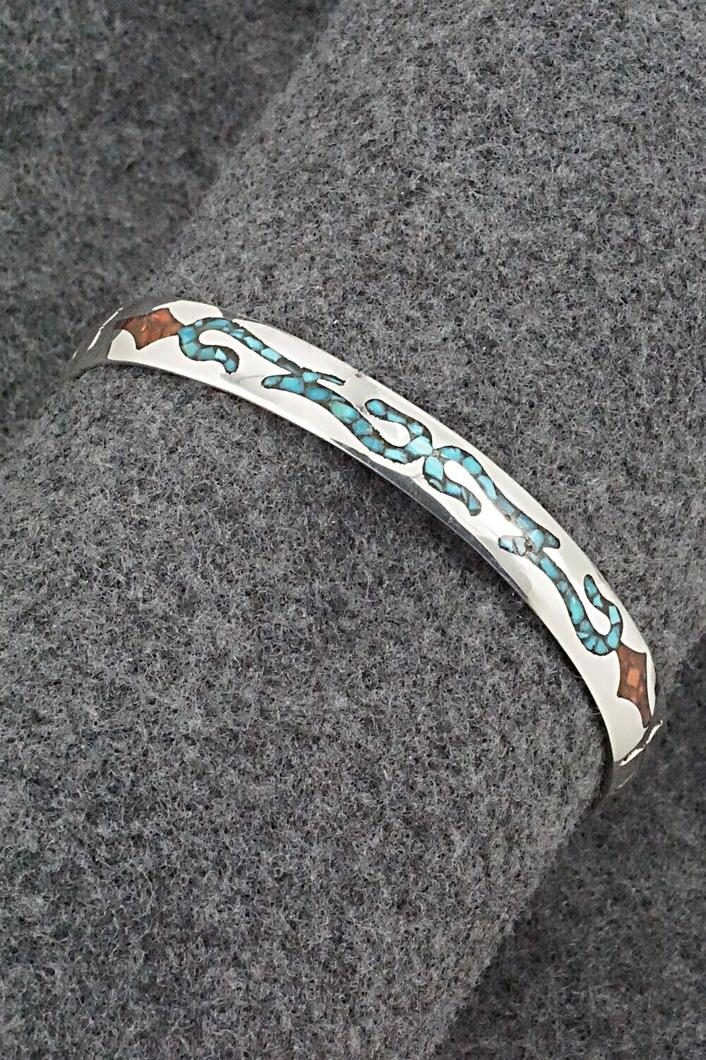 Turquoise, Coral & Sterling Silver Inlay Bracelet - Jolene Yazzie