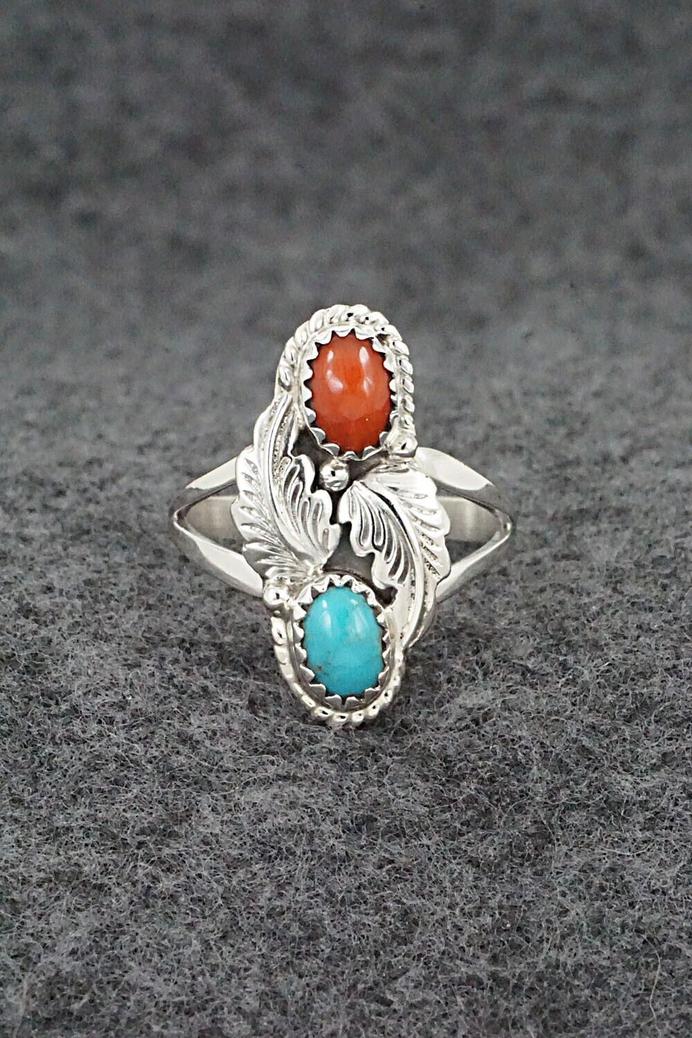 Turquoise, Coral & Sterling Silver Ring - Robert Martinez - Size 8.25