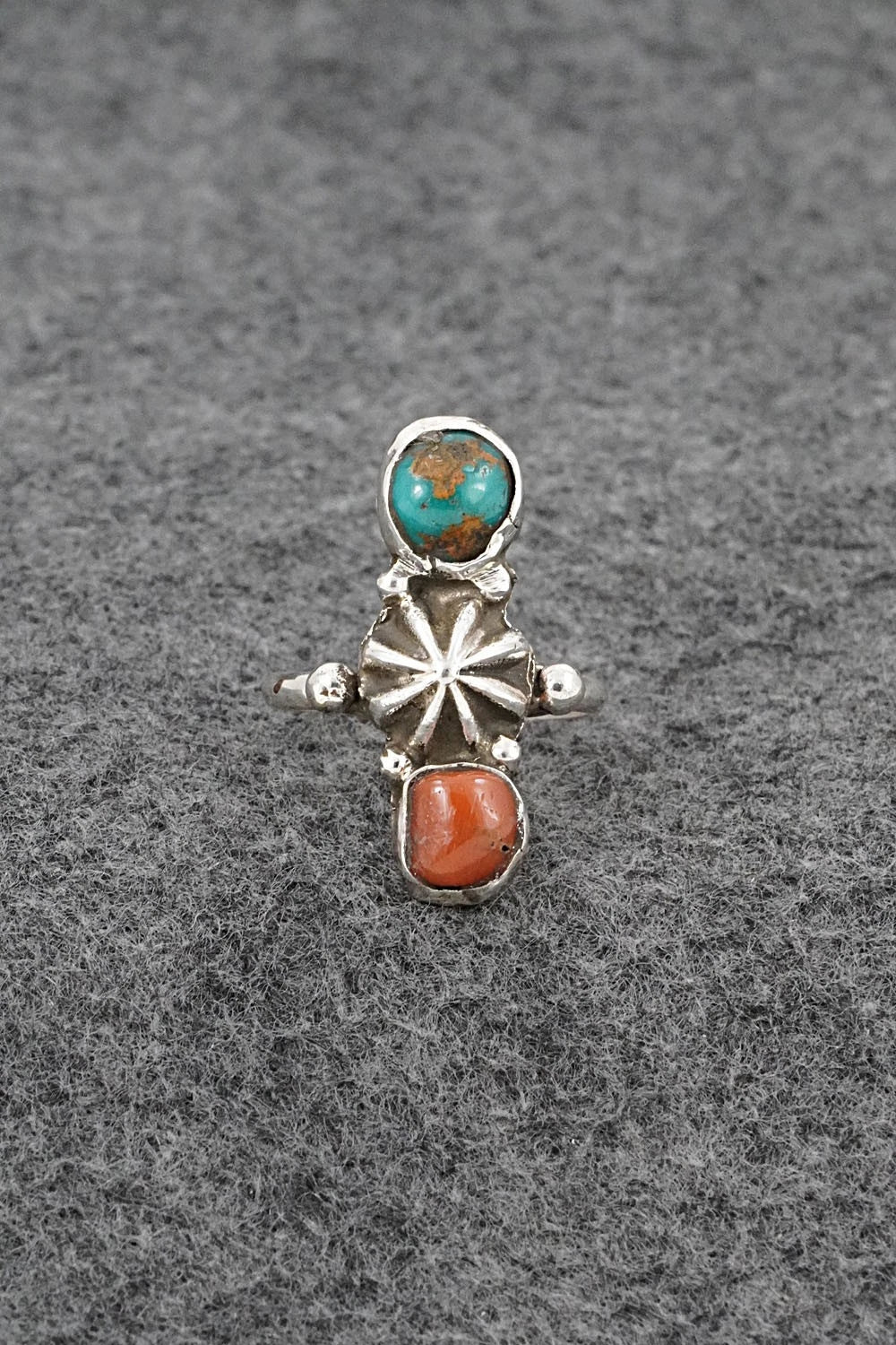 Turquoise, Coral & Sterling Silver Ring - Priscilla Reeder - Size 8