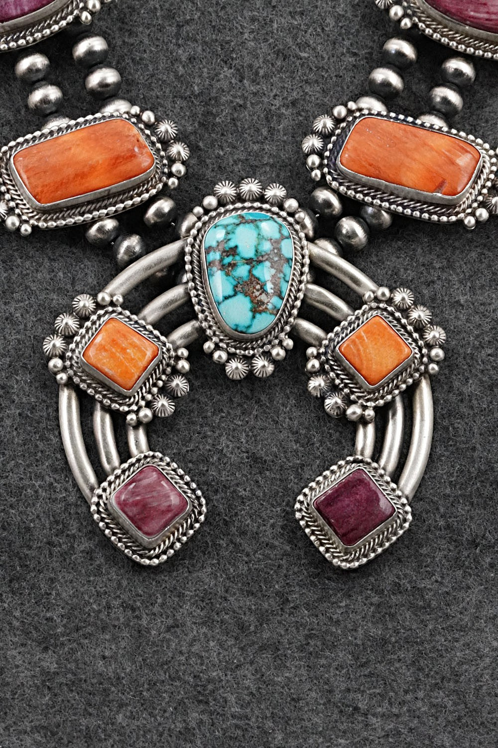 Turquoise, Spiny Oyster & Sterling Silver Squash Blossom Necklace - Tom Lewis
