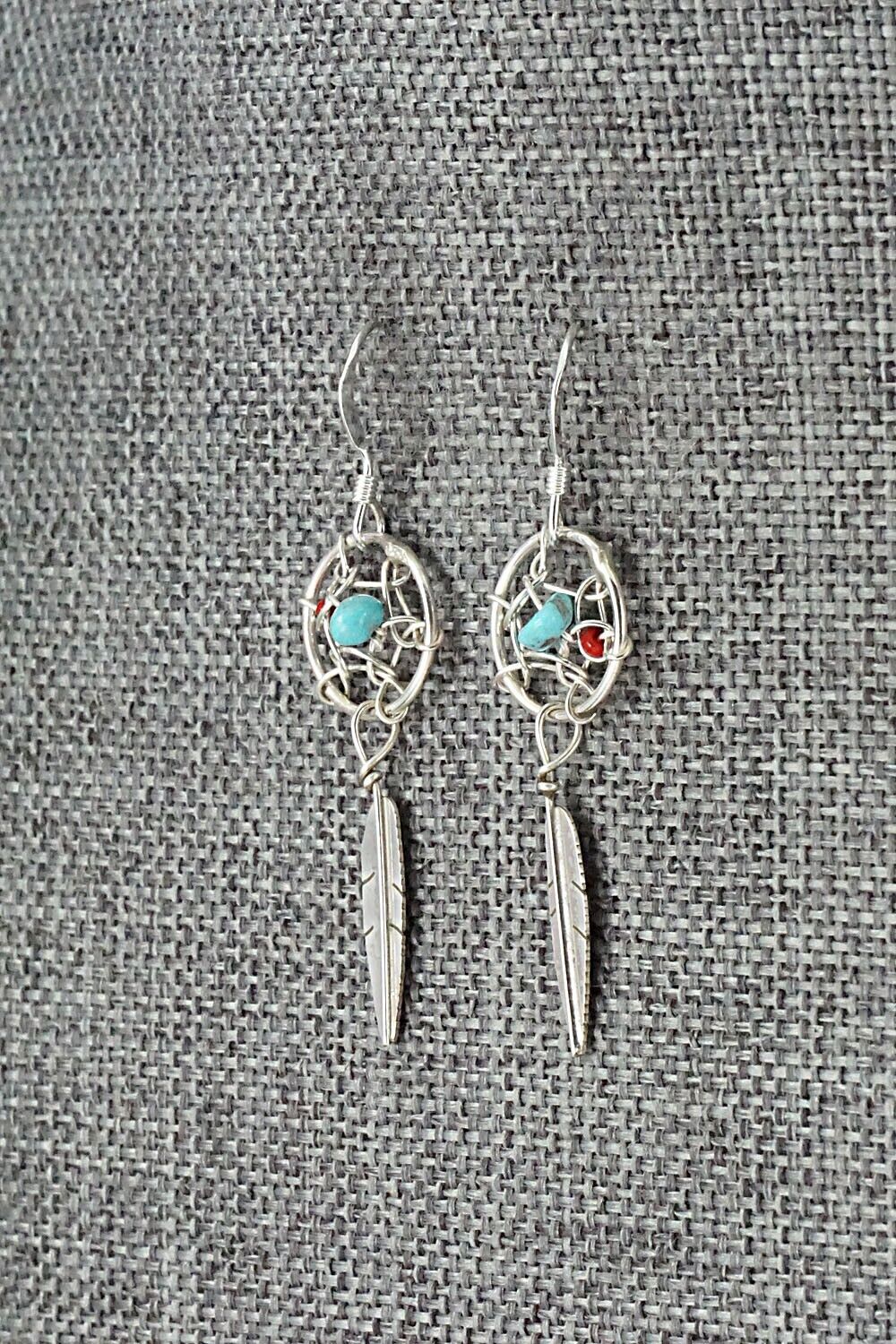 Turquoise, Coral & Sterling Silver Earrings - Lorenzo Arviso Jr.