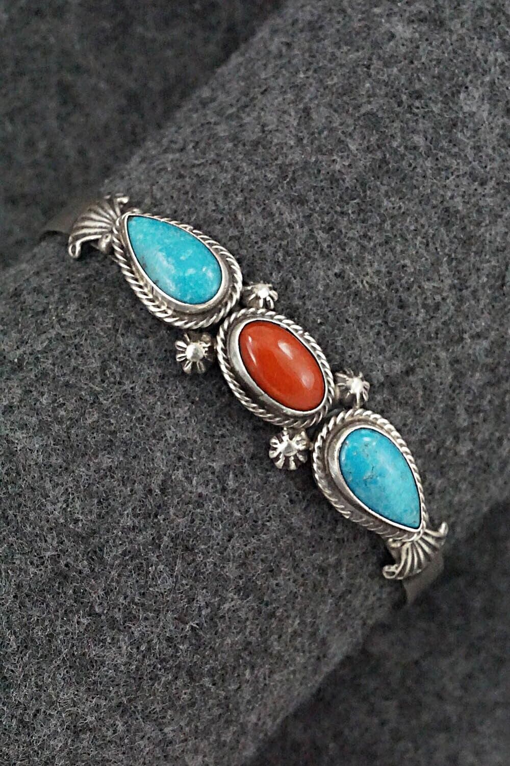 Turquoise, Coral & Sterling Silver Bracelet - Bobby Platero