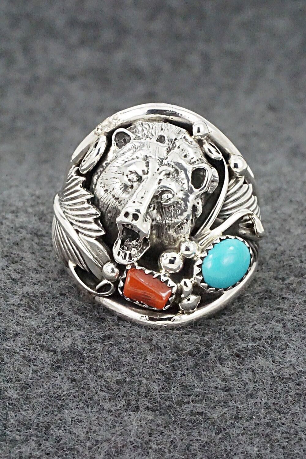 Turquoise, Coral & Sterling Silver Ring - Jeannette Saunders - Size 13.5