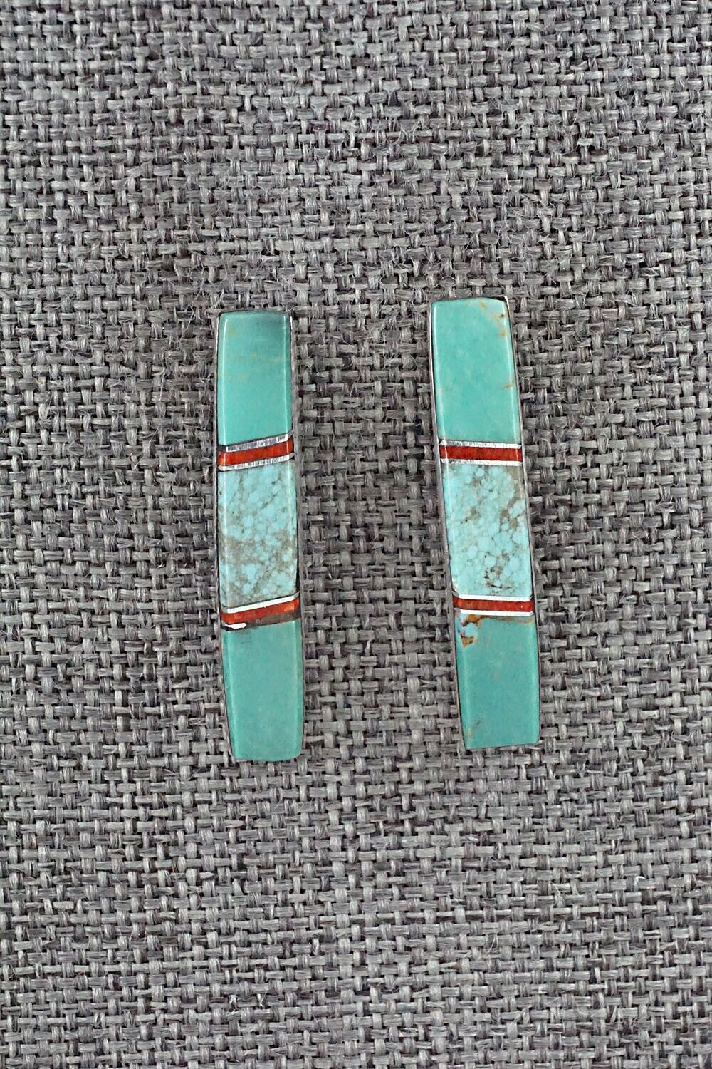 Turquoise, Coral & Sterling Silver Inlay Earrings - Marilyn Yazzie