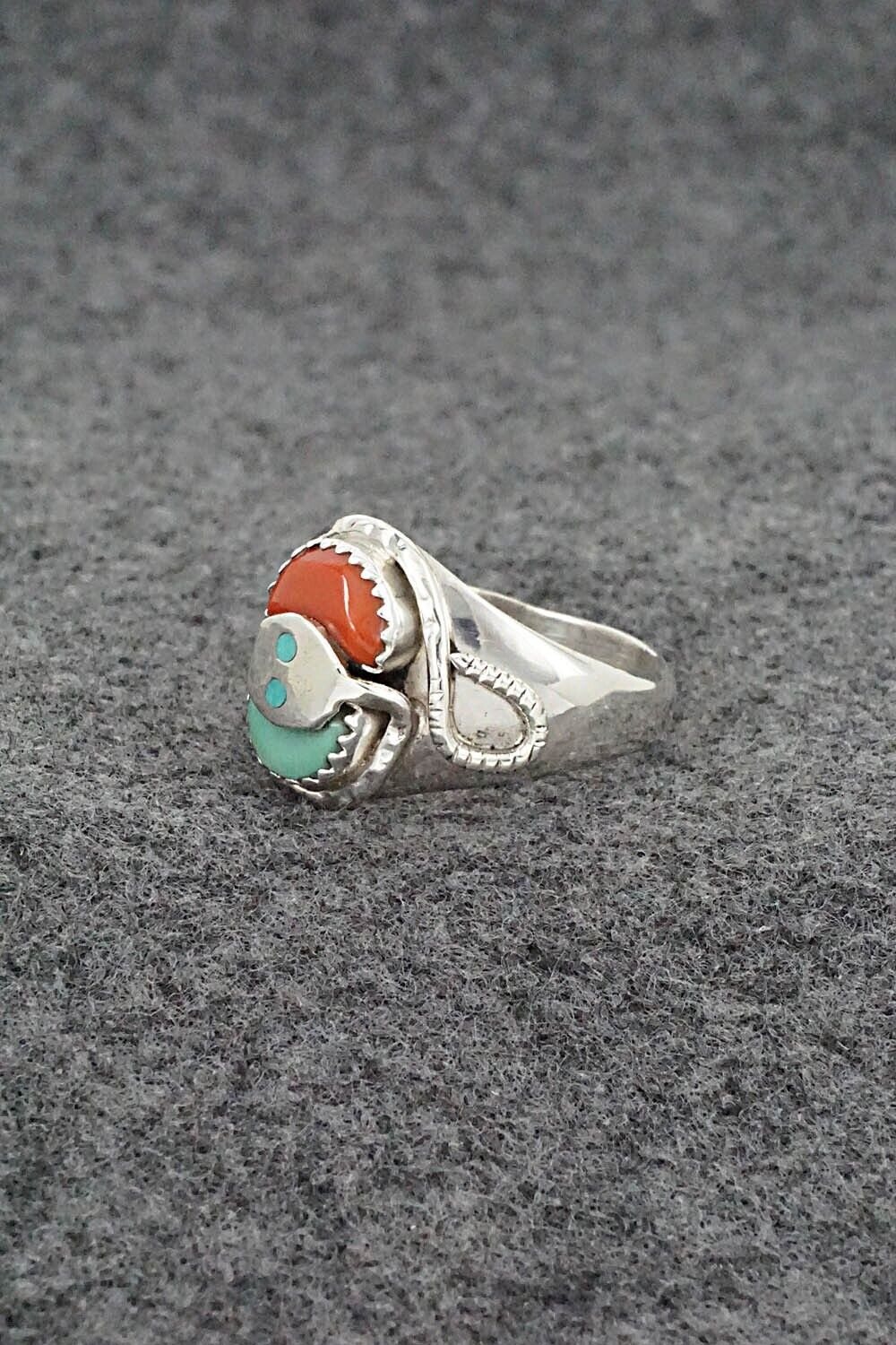 Turquoise, Coral & Sterling Silver Ring - Joy Calavaza - Size 8.5