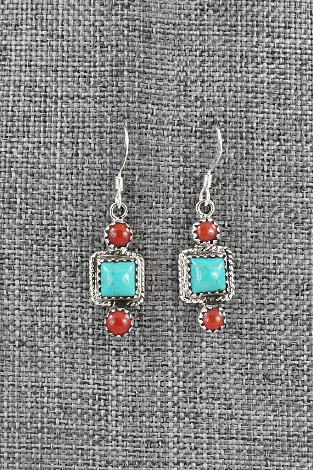 Turquoise, Coral & Sterling Silver Earrings - Gary Shorty