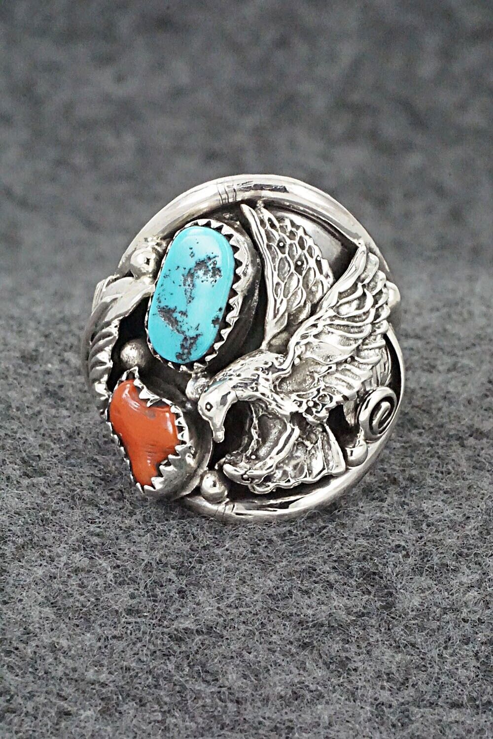 Turquoise, Coral & Sterling Silver Ring - Jeannette Saunders - Size 11.75