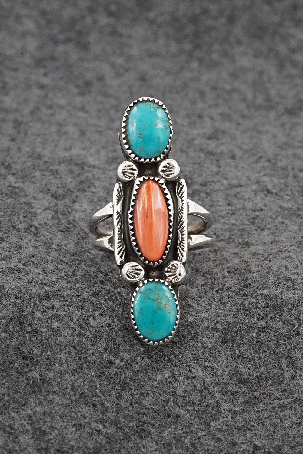 Turquoise, Spiny Oyster & Sterling Silver Ring - Priscilla Reeder - Size 8