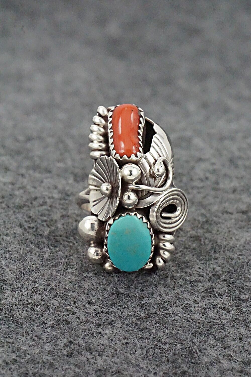 Turquoise, Coral & Sterling Silver Ring - Max Calladitto - Size 5.5