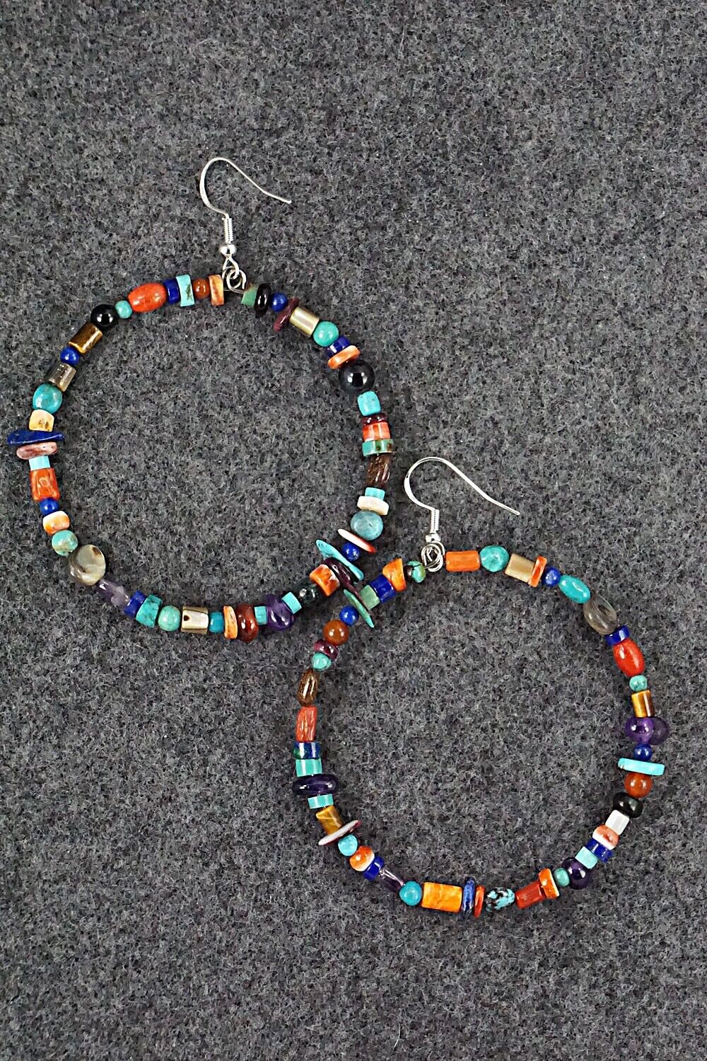 Multi Stone & Sterling Silver Hoop Earrings - Helen Tsosie