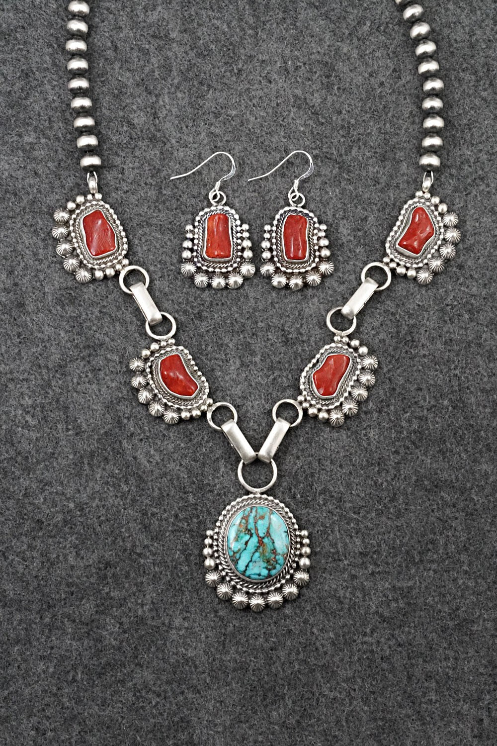 Turquoise, Coral & Sterling Silver Necklace and Earrings Set - Tom Lewis