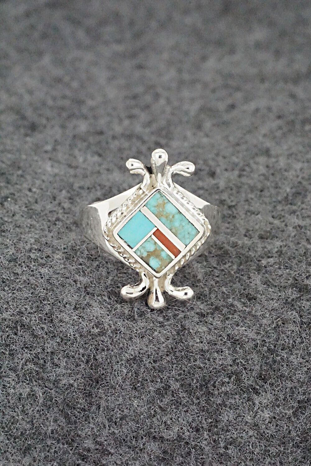 Turquoise, Coral & Sterling Silver Inlay Ring - James Manygoats - Size 7