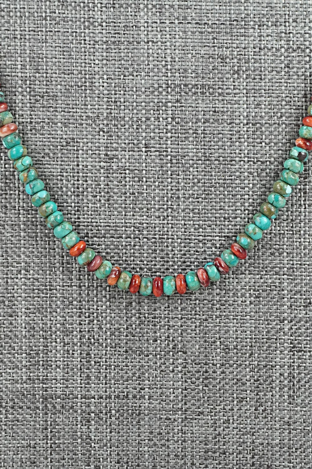 Turquoise, Spiny Oyster & Sterling Silver Necklace 19" - Helen Tsosie