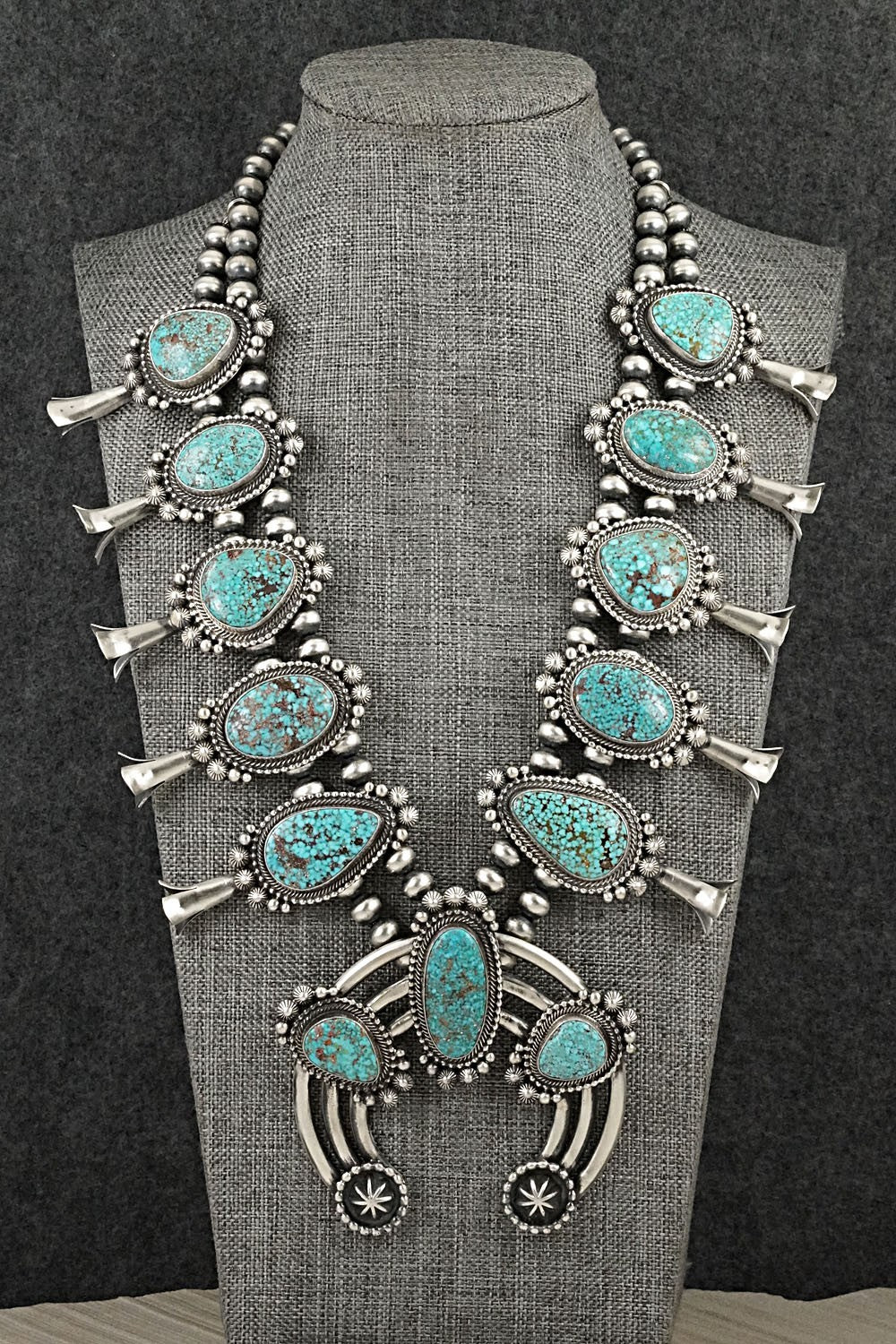 Turquoise & Sterling Silver Squash Blossom Necklace - Tom Lewis