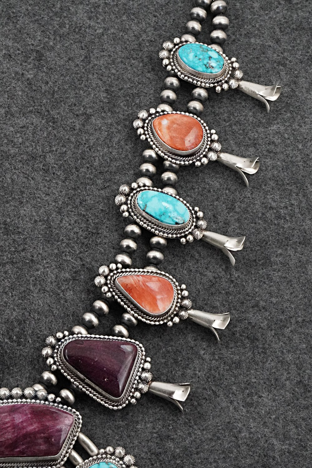 Turquoise, Spiny Oyster & Sterling Silver Squash Blossom Necklace - Tom Lewis